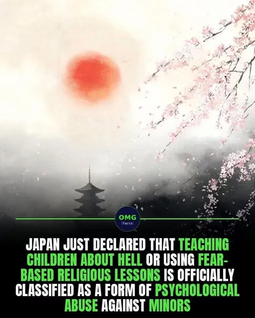 A Japanese style painting with the text, "Japan just declared that teaching children about hell or using fear-based religious lessons is officially classified as a form of psychological
abuse against minors."